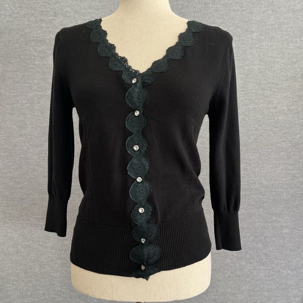Y2K Lace Witchy Cardigan Medium Stretch Sweater Black Whimsigoth Dark Romance
